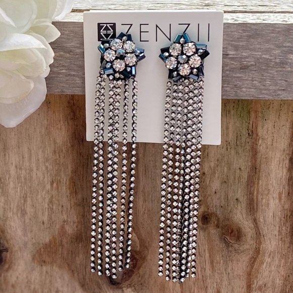 NWT ZENZII BLACK CRYSTAL TASSEL CLIP DROP EARRINGS - Picture 3 of 5